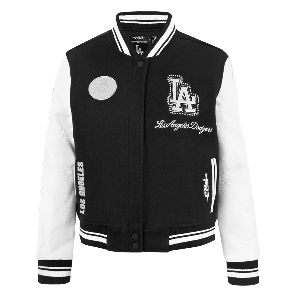 MLB LOS ANGELES DODGERS PEARLS WOMEN'S RIB WOOL VARSITY JACKET (BLACK/WHITE)