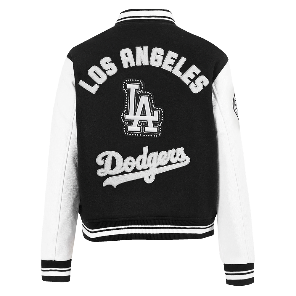 MLB LOS ANGELES DODGERS PEARLS WOMEN'S RIB WOOL VARSITY JACKET (BLACK/WHITE)