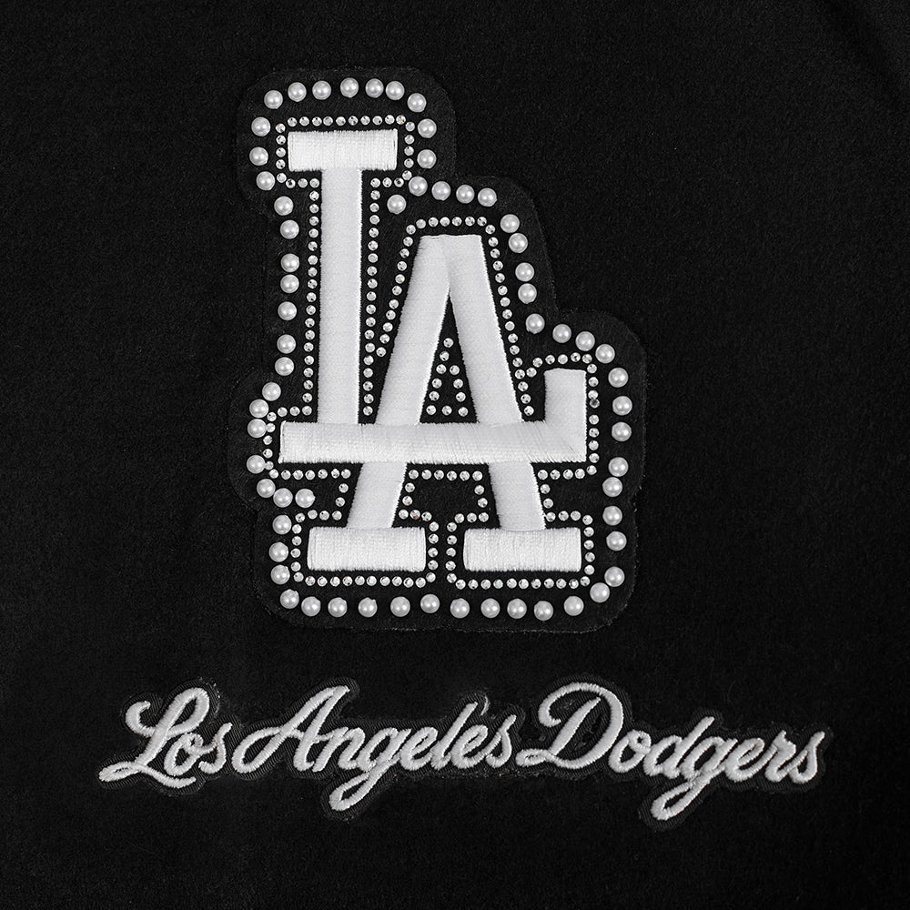 MLB LOS ANGELES DODGERS PEARLS WOMEN'S RIB WOOL VARSITY JACKET (BLACK/WHITE)