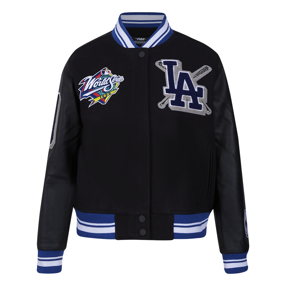 MLB LOS ANGELES DODGERS MASH UP BLOUSON COLLÉGIAL EN LAINE À BORDS CÔTELÉS POUR FEMME (NOIR/BLEU DODGER)