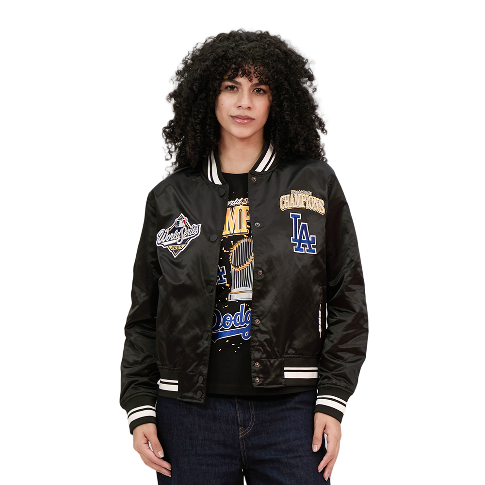 LOS ANGELES DODGERS MLB WORLD SERIES 2025 WOMEN'S RIB SATIN JACKET (BLACK)