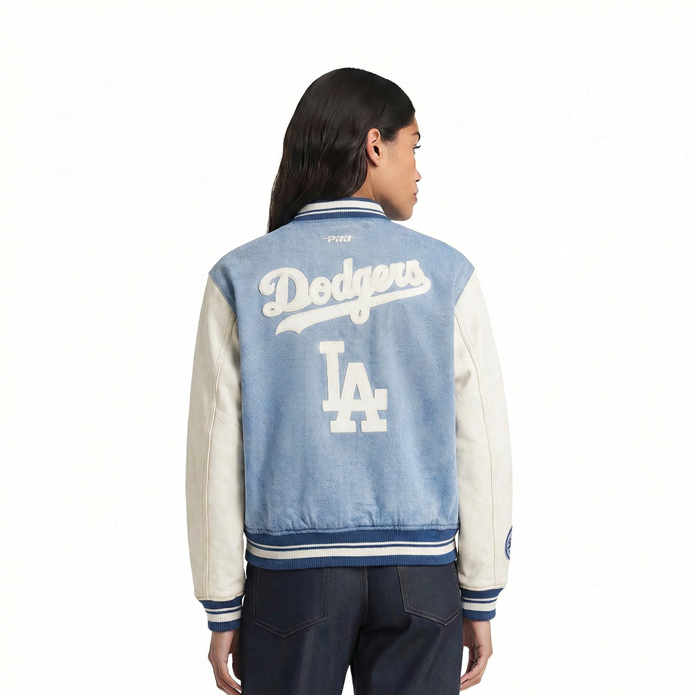 MLB LOS ANGELES DODGERS VARSITY BLUES WOMEN'S DENIM VARSITY JACKET (DENIM/LINEN)