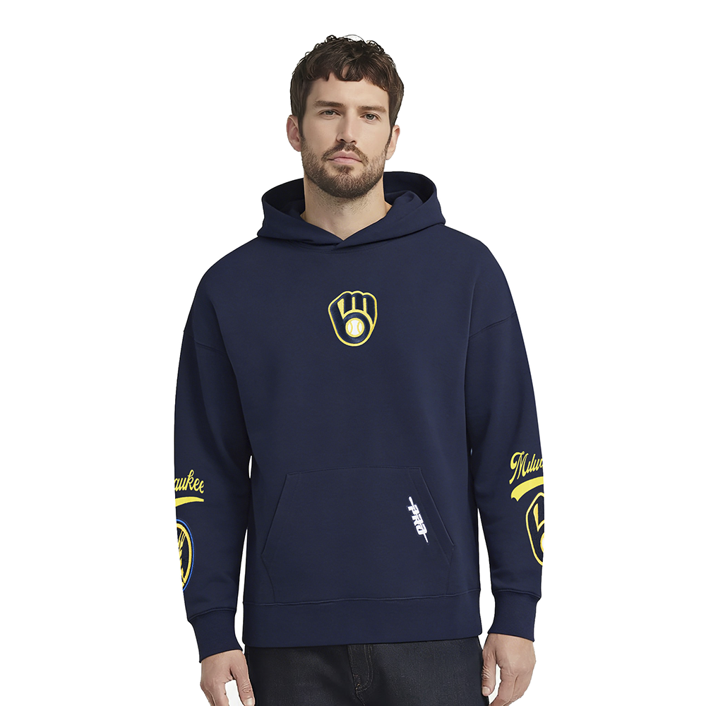MLB MILWAUKEE BREWERS LIVING LARGE CHANDAIL À CAPUCHON EN MOLLETON À ÉPAULES TOMBANTES POUR HOMME (MARINE MINUIT)