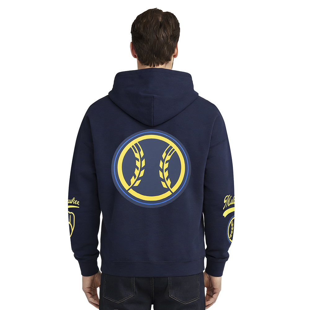 MLB MILWAUKEE BREWERS LIVING LARGE CHANDAIL À CAPUCHON EN MOLLETON À ÉPAULES TOMBANTES POUR HOMME (MARINE MINUIT)