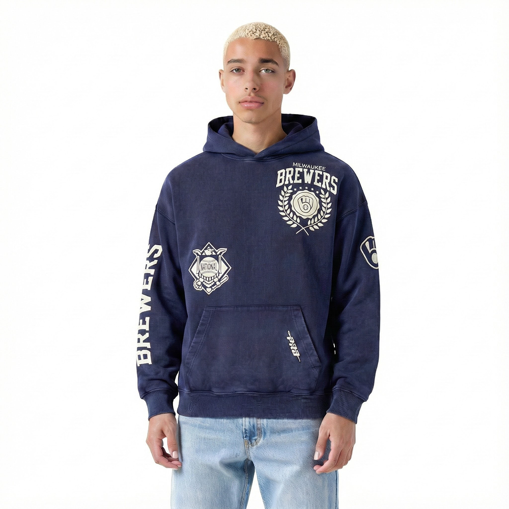 MLB MILWAUKEE BREWERS STREET TEAM MEN'S ENZYME WASH DS FT PO HOODIE (WASHED MIDNIGHT NAVY)