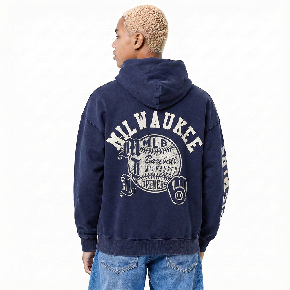 MLB MILWAUKEE BREWERS STREET TEAM MEN'S ENZYME WASH DS FT PO HOODIE (WASHED MIDNIGHT NAVY)