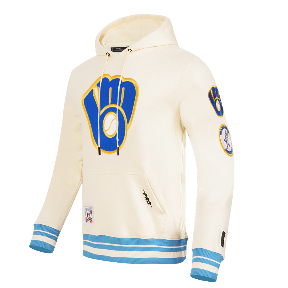 MLB MILWAUKEE BREWERS RETRO CLASSIC MEN'S PULLOVER HOODIE (EGGSHELL/ UNIVERSITY BLUE)