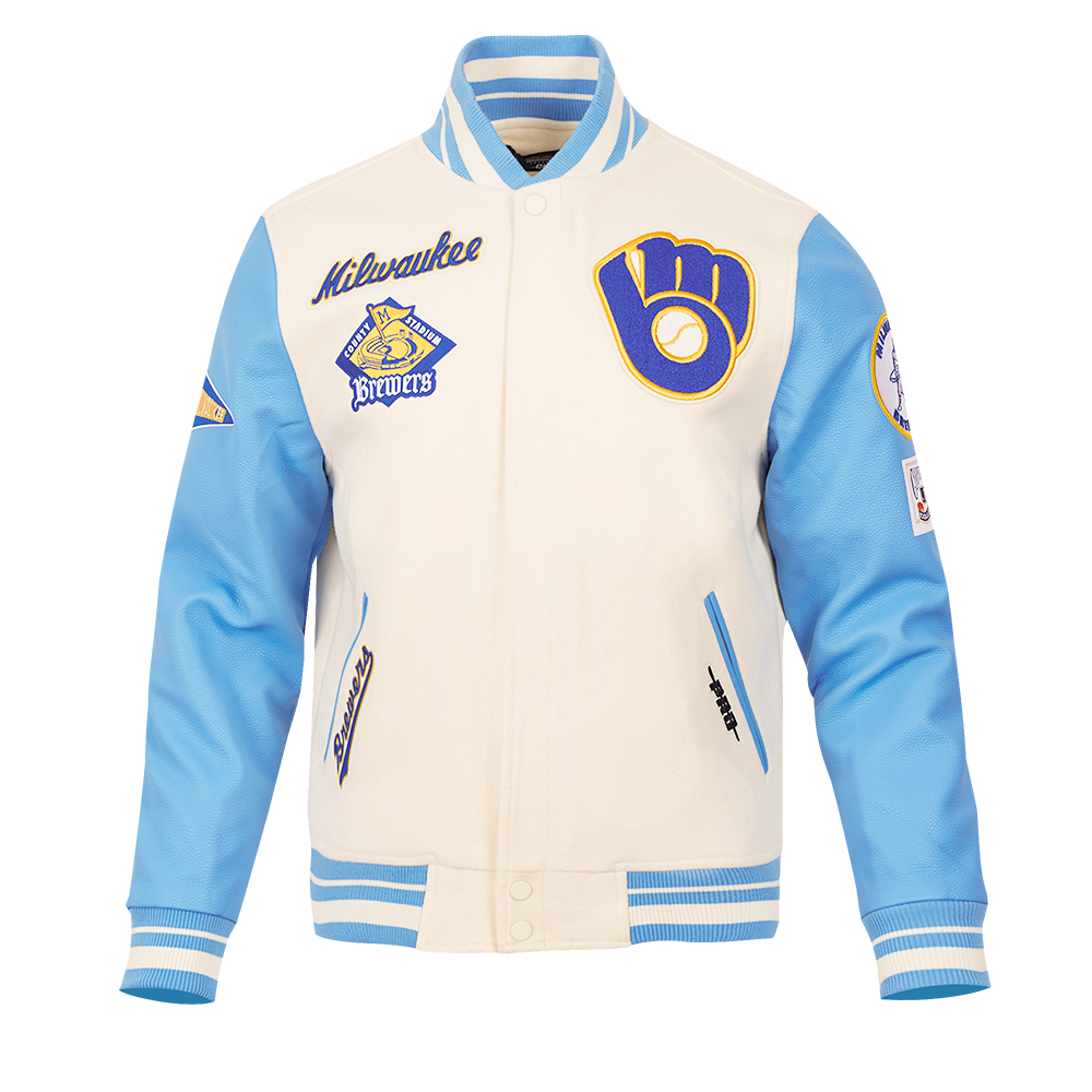 MLB MILWAUKEE BREWERS RETRO CLASSIC BLOUSON COLLÉGIAL EN LAINE À BORDS CÔTELÉS POUR HOMME (COQUILLE D'ŒUF/BLEU UNIVERSEL)