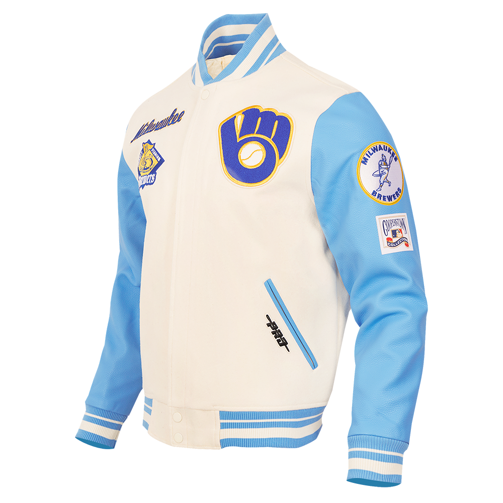 MLB MILWAUKEE BREWERS RETRO CLASSIC BLOUSON COLLÉGIAL EN LAINE À BORDS CÔTELÉS POUR HOMME (COQUILLE D'ŒUF/BLEU UNIVERSEL)