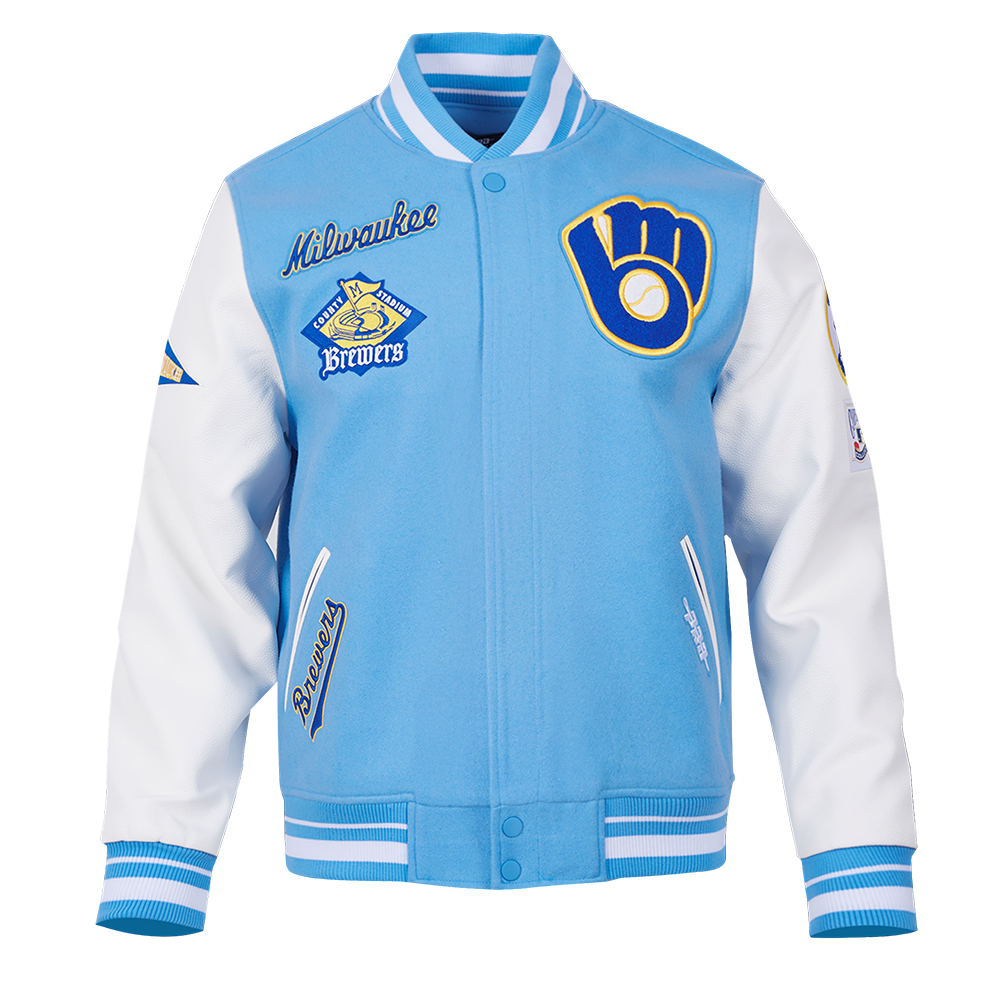 MLB MILWAUKEE BREWERS RETRO CLASSIC BLOUSON COLLÉGIAL EN LAINE À BORDS CÔTELÉS POUR HOMME (BLEU UNIVERSITÉ/BLANC)