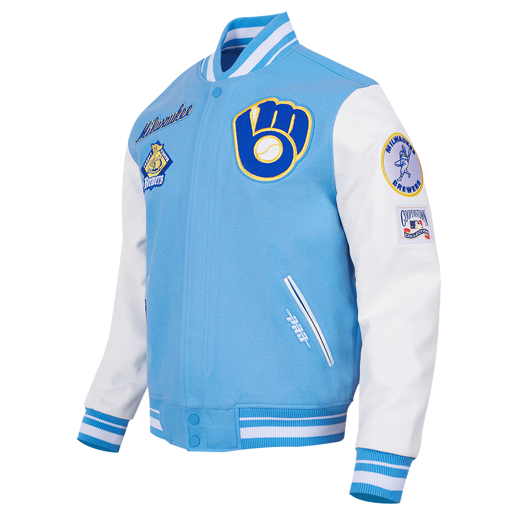 MLB MILWAUKEE BREWERS RETRO CLASSIC MEN'S RIB WOOL VARSITY JACKET (UNIVERSITY BLUE/WHITE)