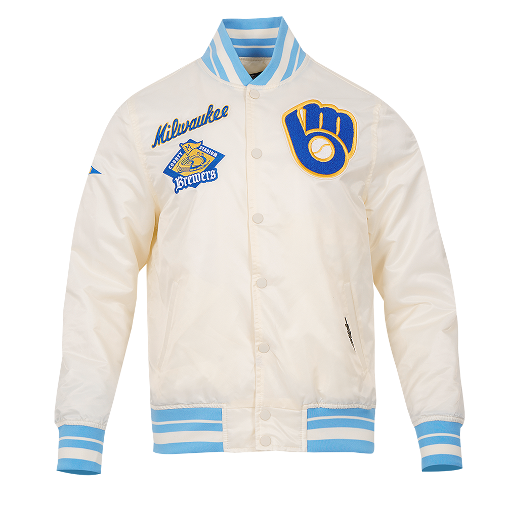 MLB MILWAUKEE BREWERS RETRO CLASSIC MEN'S RIB SATIN JACKET (EGGSHELL/ UNIVERSITY BLUE)