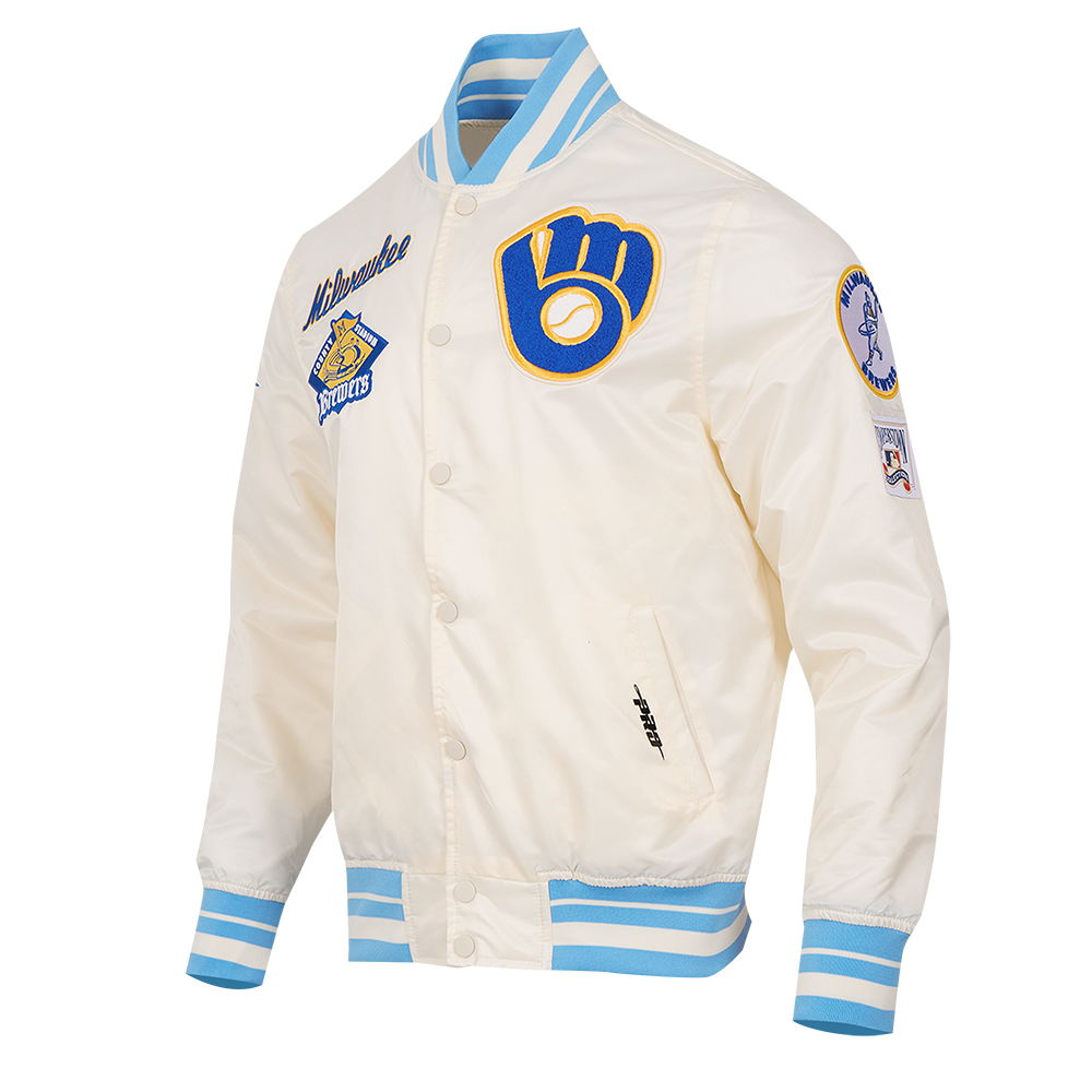 MLB MILWAUKEE BREWERS RETRO CLASSIC MEN'S RIB SATIN JACKET (EGGSHELL/ UNIVERSITY BLUE)