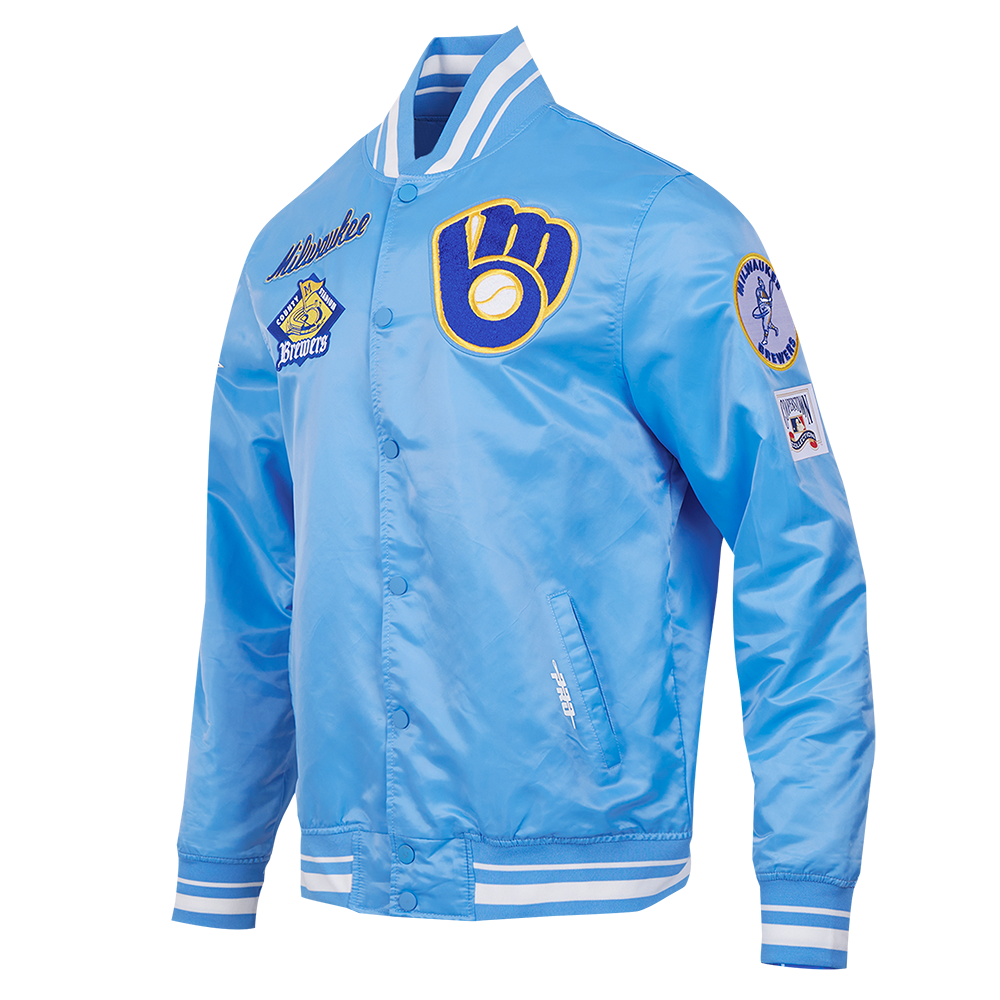 MLB MILWAUKEE BREWERS RETRO CLASSIC MEN'S RIB SATIN JACKET (UNIVERSITY BLUE)