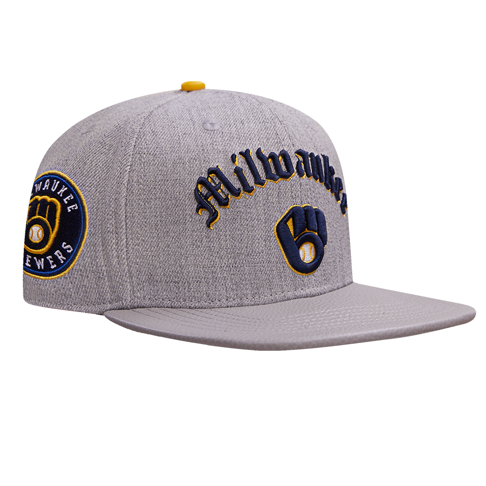 MLB MILWAUKEE BREWERS OLD ENGLISH UNISEX 6 PANEL LEATHER STRAPBACK (HEATHER GREY)