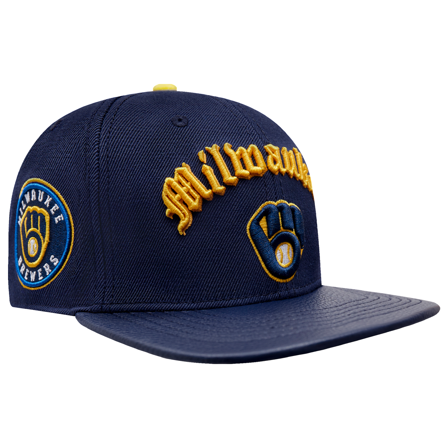MLB MILWAUKEE BREWERS OLD ENGLISH UNISEX 6 PANEL LEATHER STRAPBACK (MIDNIGHT NAVY)