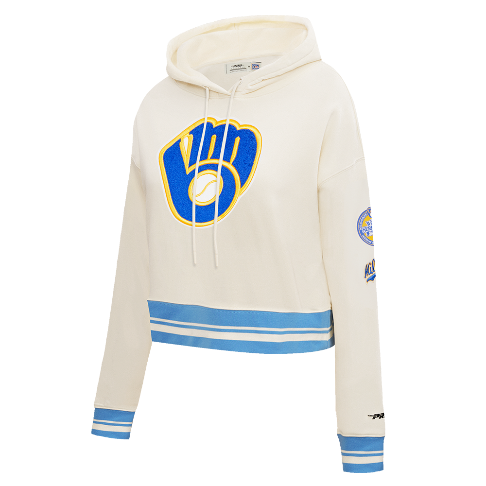 MLB MILWAUKEE BREWERS RETRO CLASSIC WOMEN'S RIB CROPPED PULLOVER HOODIE (EGGSHELL/ UNIVERSITY BLUE)