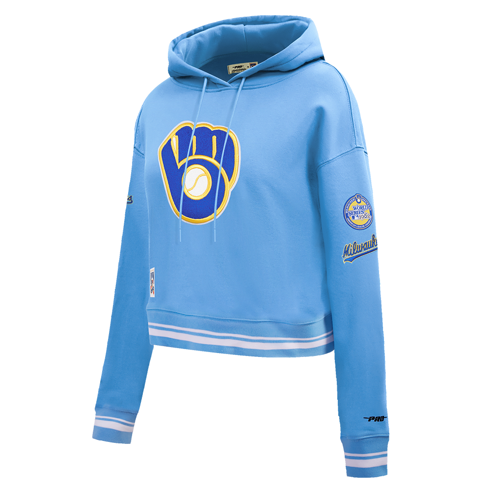 MLB MILWAUKEE BREWERS RETRO CLASSIC WOMEN'S RIB CROPPED PULLOVER HOODIE (UNIVERSITY BLUE)