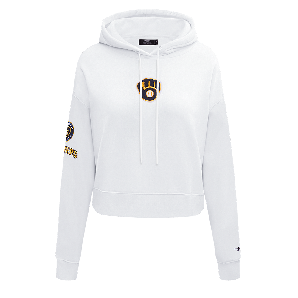 MLB MILWAUKEE BREWERS CLASSIC WOMEN'S CROPPED PULLOVER HOODIE (WHITE)