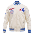 MLB MONTREAL EXPOS RETRO CLASSIC MEN'S RIB SATIN JACKET (EGGSHELL/ ROYAL BLUE)