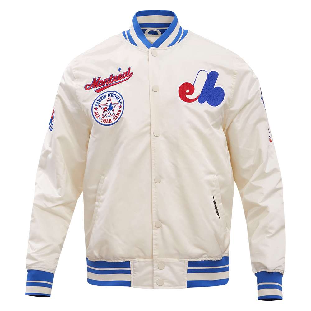 MLB MONTREAL EXPOS RETRO CLASSIC MEN'S RIB SATIN JACKET (EGGSHELL/ ROYAL BLUE)