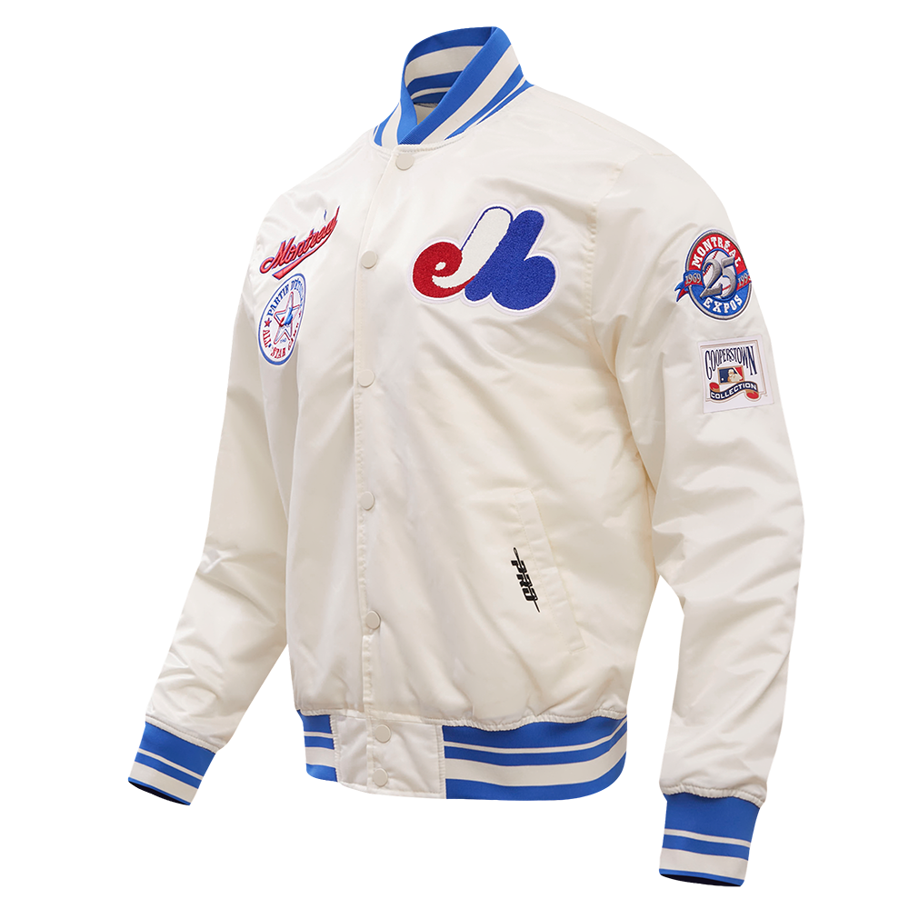 MLB MONTREAL EXPOS RETRO CLASSIC MEN'S RIB SATIN JACKET (EGGSHELL/ ROYAL BLUE)
