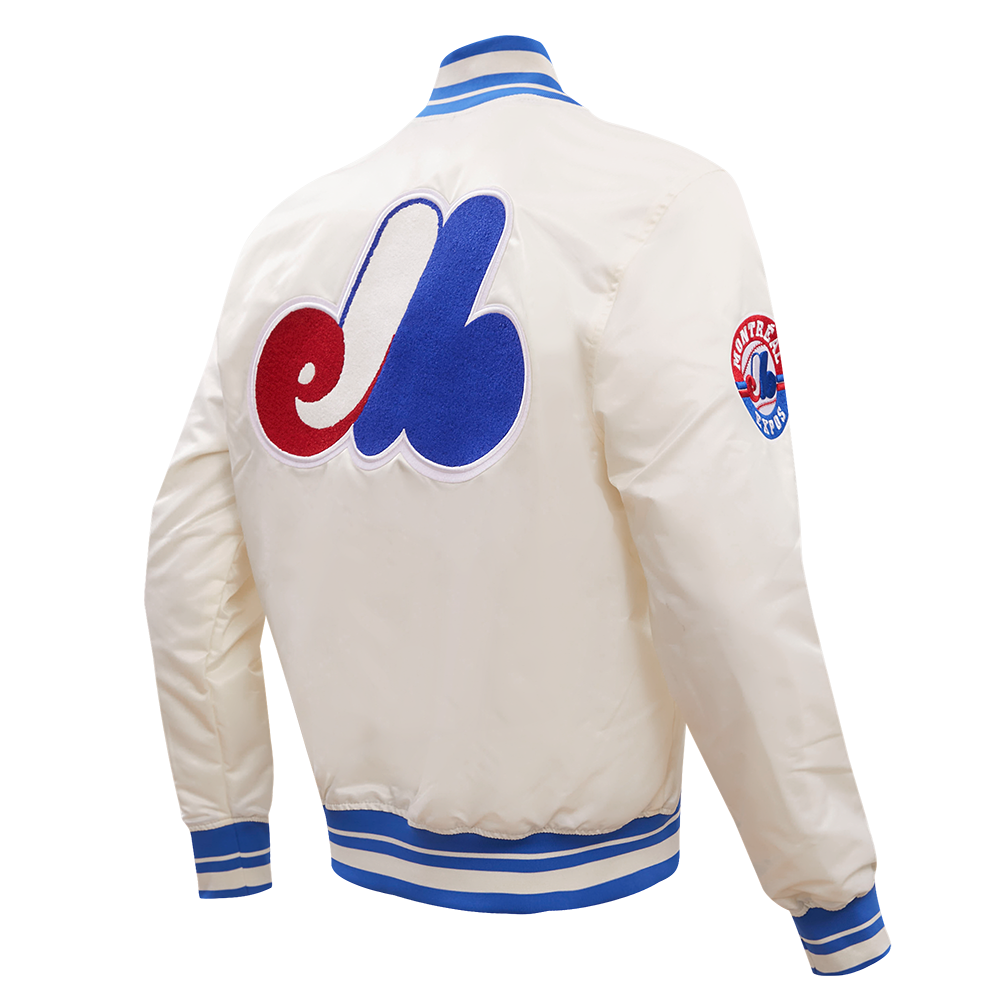 MLB MONTREAL EXPOS RETRO CLASSIC MEN'S RIB SATIN JACKET (EGGSHELL/ ROYAL BLUE)