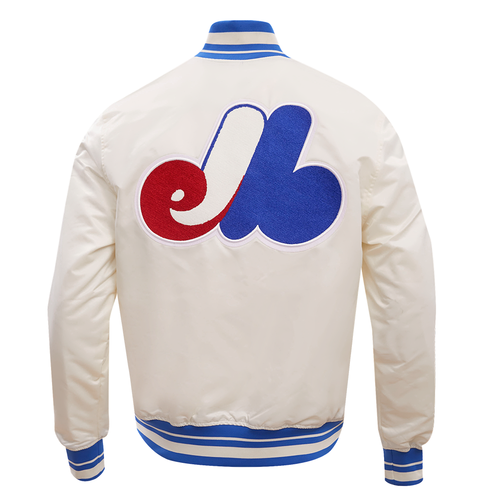 MLB MONTREAL EXPOS RETRO CLASSIC MEN'S RIB SATIN JACKET (EGGSHELL/ ROYAL BLUE)