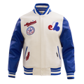 MLB MONTREAL EXPOS RETRO CLASSIC BLOUSON COLLÉGIAL EN LAINE À BORDS CÔTELÉS POUR HOMME (COQUILLE D'ŒUF/BLEU ROYAL)