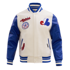 MLB MONTREAL EXPOS RETRO CLASSIC BLOUSON COLLÉGIAL EN LAINE À BORDS CÔTELÉS POUR HOMME (COQUILLE D'ŒUF/BLEU ROYAL)