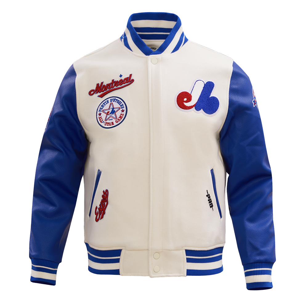MLB MONTREAL EXPOS RETRO CLASSIC BLOUSON COLLÉGIAL EN LAINE À BORDS CÔTELÉS POUR HOMME (COQUILLE D'ŒUF/BLEU ROYAL)