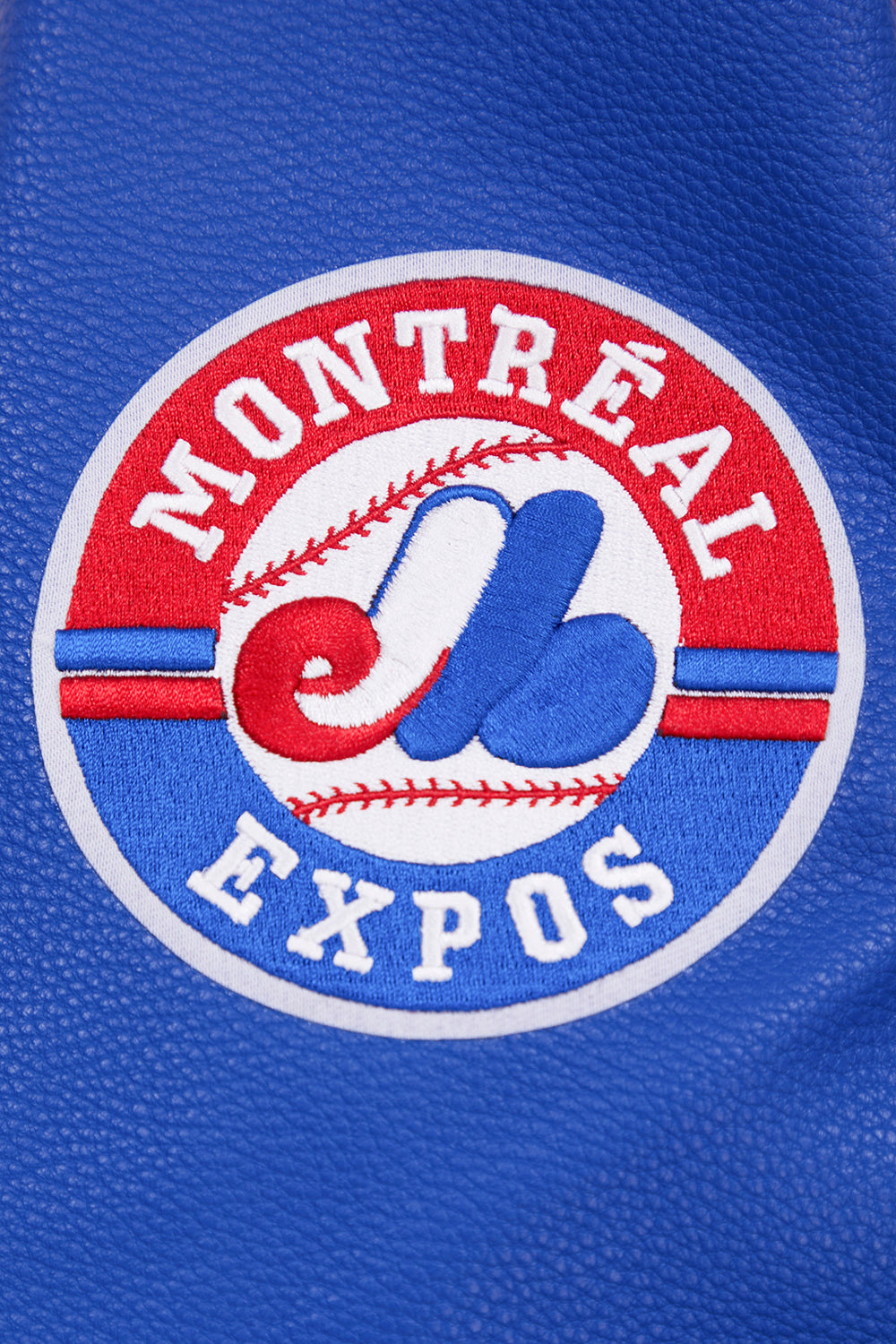 MLB MONTREAL EXPOS RETRO CLASSIC BLOUSON COLLÉGIAL EN LAINE À BORDS CÔTELÉS POUR HOMME (COQUILLE D'ŒUF/BLEU ROYAL)