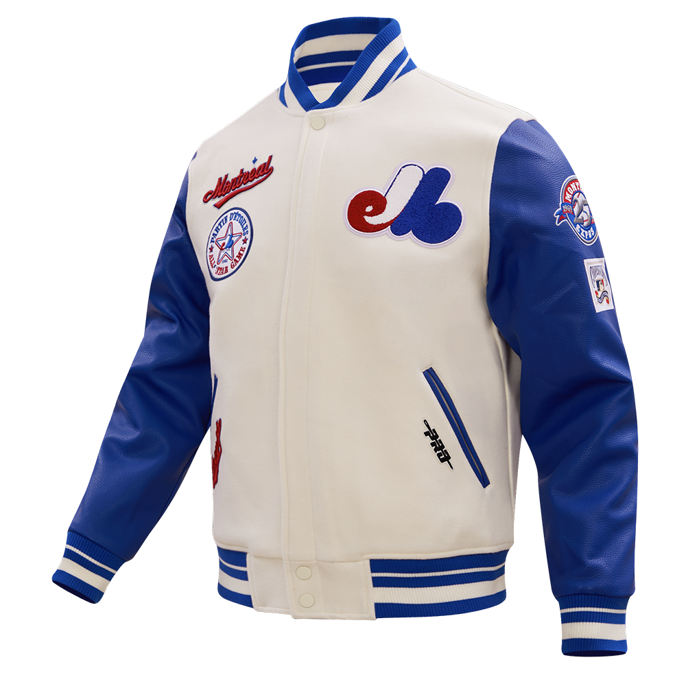 MLB MONTREAL EXPOS RETRO CLASSIC BLOUSON COLLÉGIAL EN LAINE À BORDS CÔTELÉS POUR HOMME (COQUILLE D'ŒUF/BLEU ROYAL)