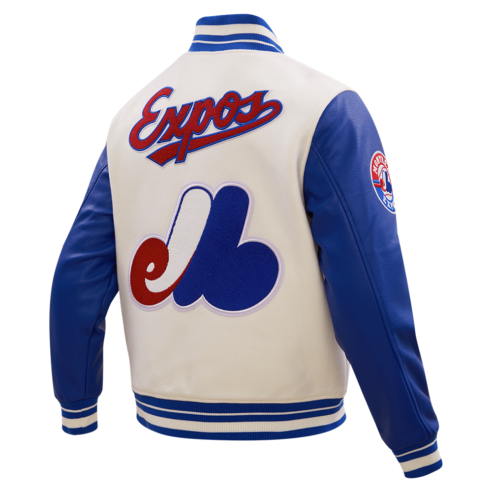 MLB MONTREAL EXPOS RETRO CLASSIC BLOUSON COLLÉGIAL EN LAINE À BORDS CÔTELÉS POUR HOMME (COQUILLE D'ŒUF/BLEU ROYAL)