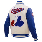 MLB MONTREAL EXPOS RETRO CLASSIC BLOUSON COLLÉGIAL EN LAINE À BORDS CÔTELÉS POUR HOMME (COQUILLE D'ŒUF/BLEU ROYAL)