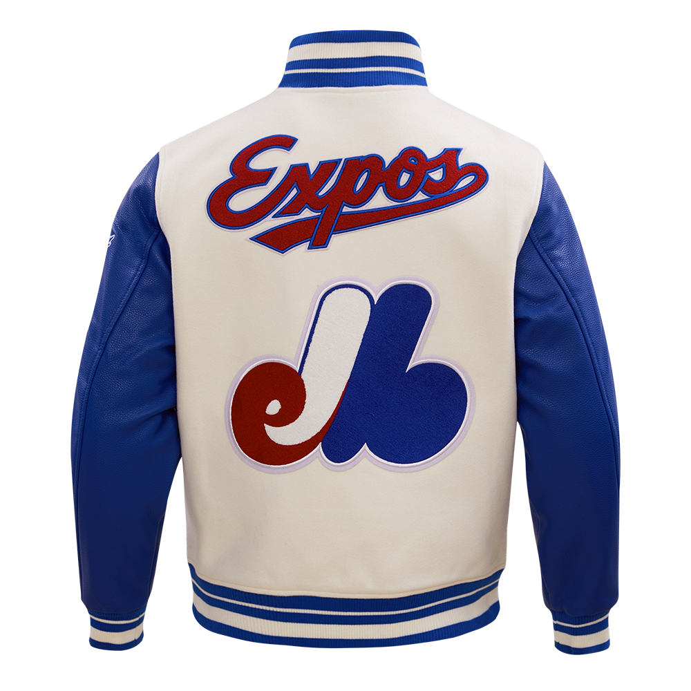 MLB MONTREAL EXPOS RETRO CLASSIC BLOUSON COLLÉGIAL EN LAINE À BORDS CÔTELÉS POUR HOMME (COQUILLE D'ŒUF/BLEU ROYAL)