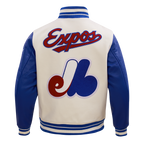 MLB MONTREAL EXPOS RETRO CLASSIC BLOUSON COLLÉGIAL EN LAINE À BORDS CÔTELÉS POUR HOMME (COQUILLE D'ŒUF/BLEU ROYAL)