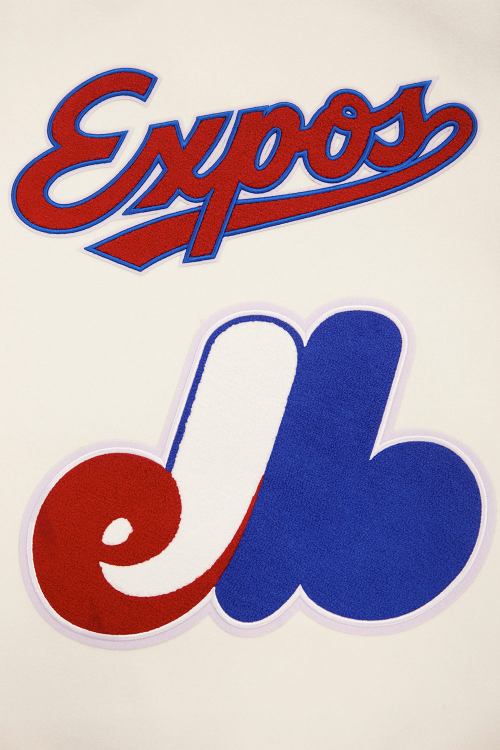 MLB MONTREAL EXPOS RETRO CLASSIC BLOUSON COLLÉGIAL EN LAINE À BORDS CÔTELÉS POUR HOMME (COQUILLE D'ŒUF/BLEU ROYAL)