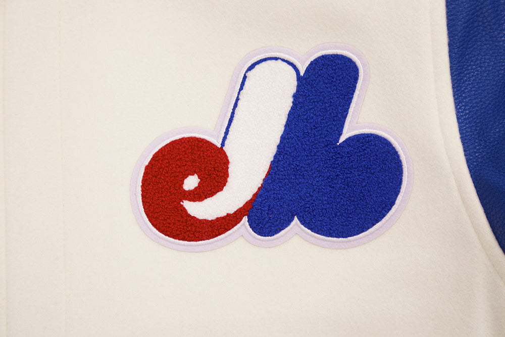 MLB MONTREAL EXPOS RETRO CLASSIC BLOUSON COLLÉGIAL EN LAINE À BORDS CÔTELÉS POUR HOMME (COQUILLE D'ŒUF/BLEU ROYAL)