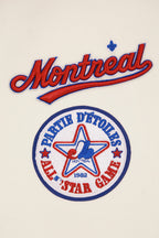 MLB MONTREAL EXPOS RETRO CLASSIC BLOUSON COLLÉGIAL EN LAINE À BORDS CÔTELÉS POUR HOMME (COQUILLE D'ŒUF/BLEU ROYAL)