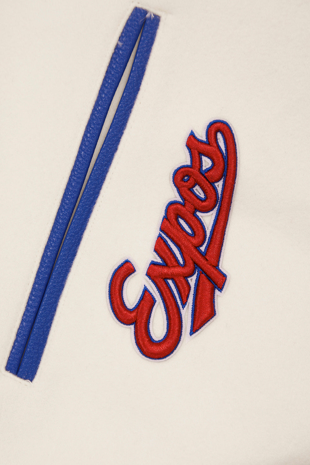 MLB MONTREAL EXPOS RETRO CLASSIC BLOUSON COLLÉGIAL EN LAINE À BORDS CÔTELÉS POUR HOMME (COQUILLE D'ŒUF/BLEU ROYAL)