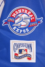 MLB MONTREAL EXPOS RETRO CLASSIC BLOUSON COLLÉGIAL EN LAINE À BORDS CÔTELÉS POUR HOMME (COQUILLE D'ŒUF/BLEU ROYAL)