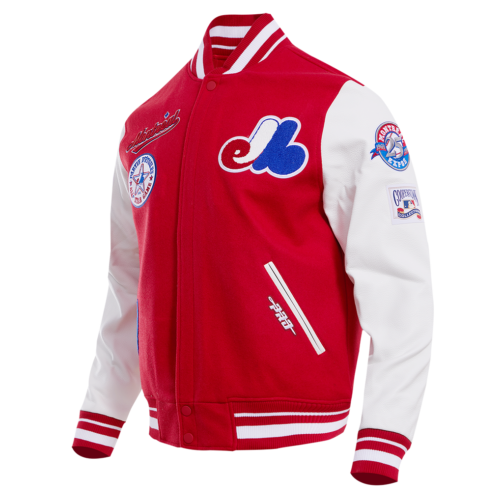 MLB MONTREAL EXPOS RETRO CLASSIC BLOUSON COLLÉGIAL EN LAINE À BORDS CÔTELÉS POUR HOMME (ROUGE/BLANC)
