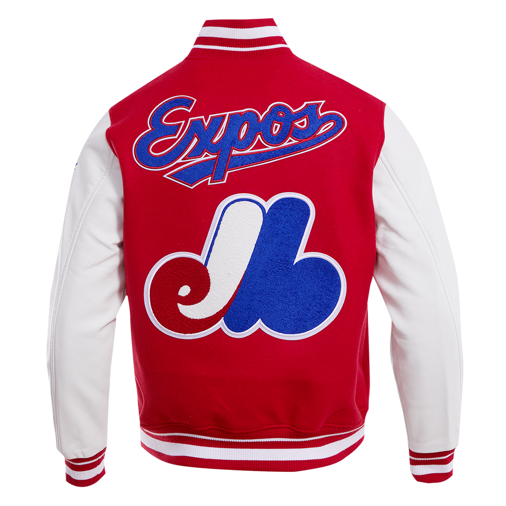 MLB MONTREAL EXPOS RETRO CLASSIC BLOUSON COLLÉGIAL EN LAINE À BORDS CÔTELÉS POUR HOMME (ROUGE/BLANC)