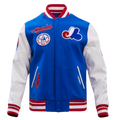 MLB MONTREAL EXPOS RETRO CLASSIC BLOUSON COLLÉGIAL EN LAINE À BORDS CÔTELÉS POUR HOMME (BLEU ROYAL/ROUGE)