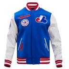 MLB MONTREAL EXPOS RETRO CLASSIC BLOUSON COLLÉGIAL EN LAINE À BORDS CÔTELÉS POUR HOMME (BLEU ROYAL/ROUGE)