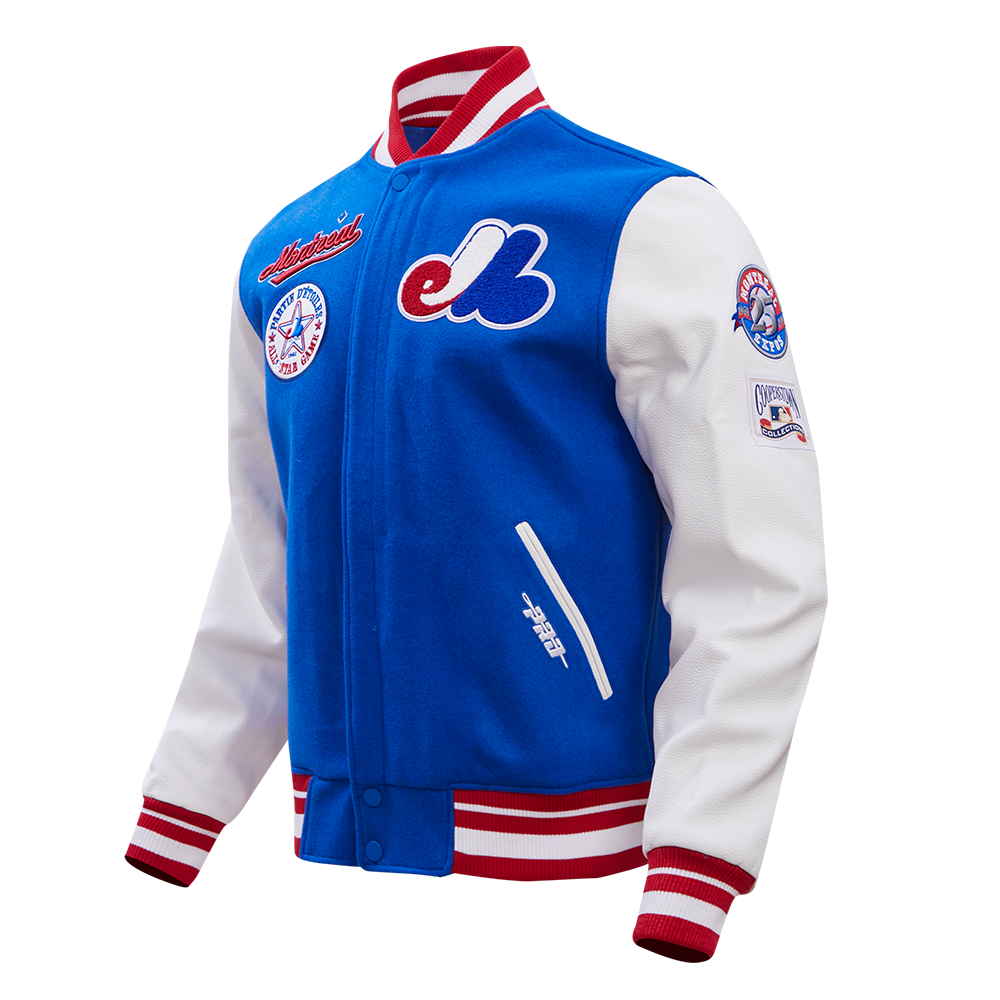 MLB MONTREAL EXPOS RETRO CLASSIC BLOUSON COLLÉGIAL EN LAINE À BORDS CÔTELÉS POUR HOMME (BLEU ROYAL/ROUGE)
