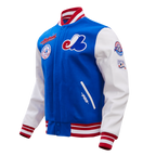MLB MONTREAL EXPOS RETRO CLASSIC BLOUSON COLLÉGIAL EN LAINE À BORDS CÔTELÉS POUR HOMME (BLEU ROYAL/ROUGE)