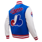 MLB MONTREAL EXPOS RETRO CLASSIC BLOUSON COLLÉGIAL EN LAINE À BORDS CÔTELÉS POUR HOMME (BLEU ROYAL/ROUGE)