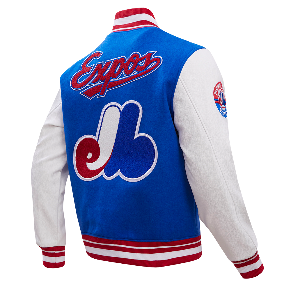 MLB MONTREAL EXPOS RETRO CLASSIC BLOUSON COLLÉGIAL EN LAINE À BORDS CÔTELÉS POUR HOMME (BLEU ROYAL/ROUGE)